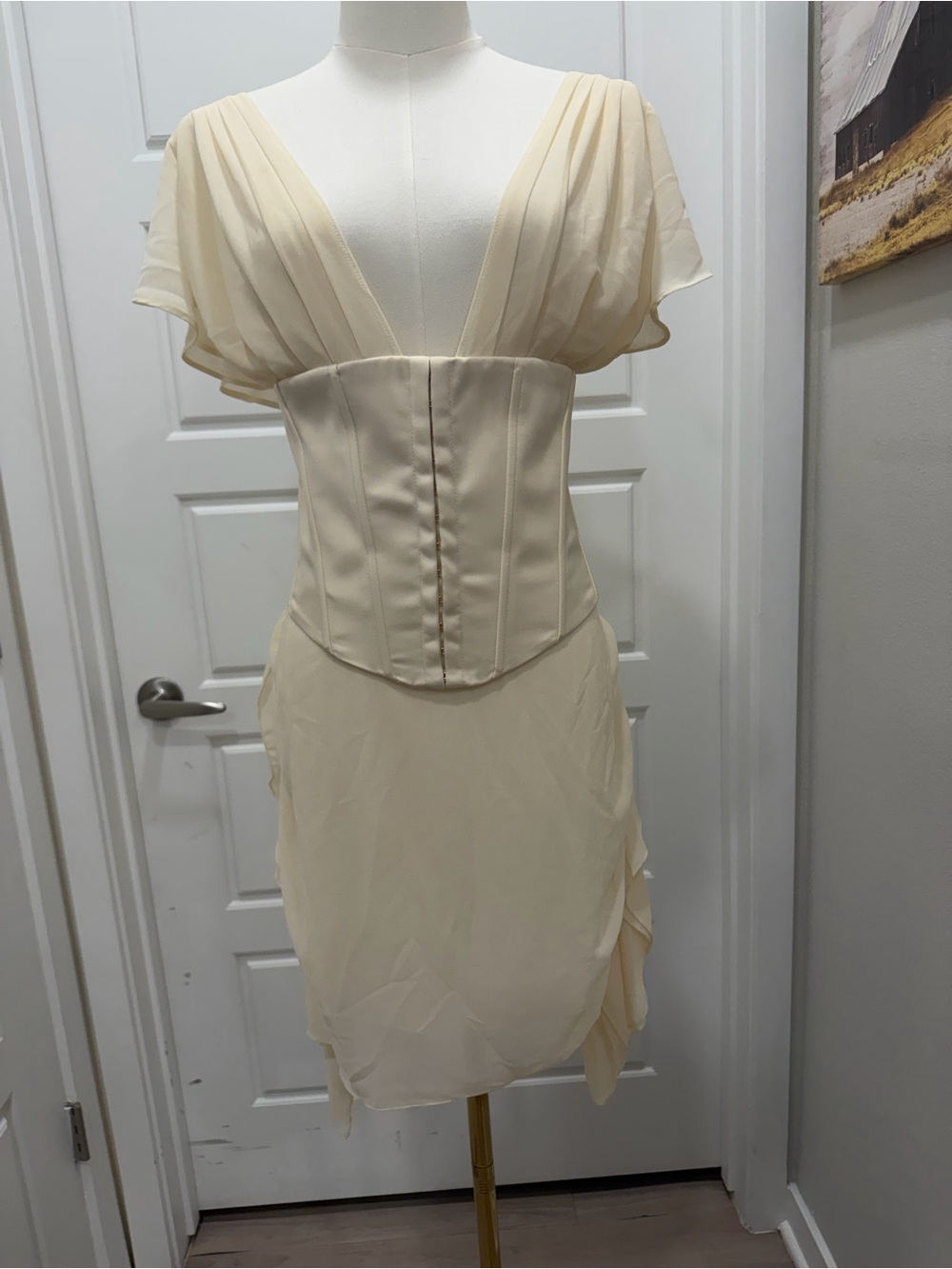Oh Polly Cerise - Draped Corset Dress Cream Mini Dress - Picture 3 of 8